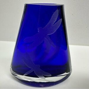 Art Glass Tapered Rocking Vase Cobalt Blue Midcentury Modern Etched EUC